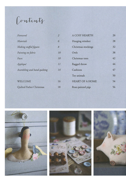 A printed booklet or book page with a table of contents at the top and three small photos along the bottom. The page is pale blue-gray with black text, and the photos show handmade quilting items such as a doll head, a hanging spindle, a ragged throw, and a pig-shaped pillow.
Photo by Tildafabrics.com [additional_image_link]