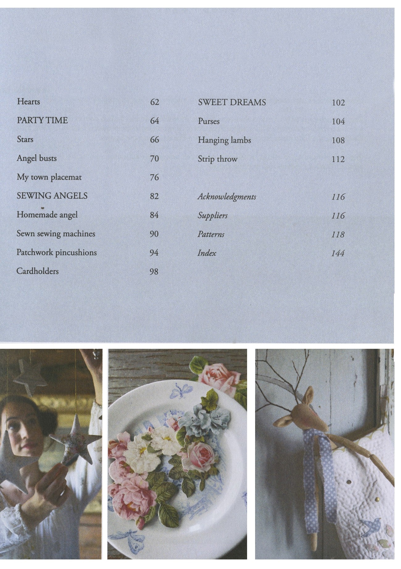 A printed page from a sewing or craft book showing a table of contents on a pale blue background, with three small photographs along the bottom depicting a woman sewing, a floral plate, and a quilted textile with a deer decoration.
Photo by Tildafabrics.com [additional_image_link]