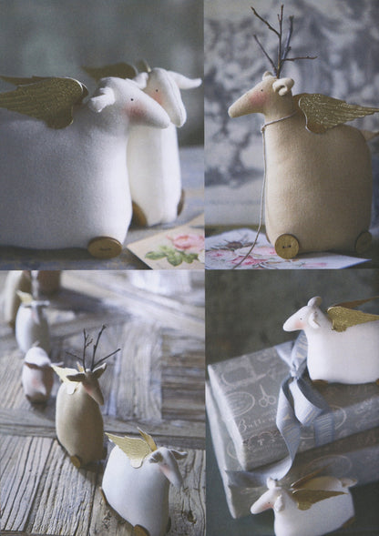 A four-panel collage showing small decorative angel-shaped figurines with wings and twig antlers in soft neutral tones, styled on a rustic surface with books and fabric.
Photo by Tildafabrics.com [additional_image_link]