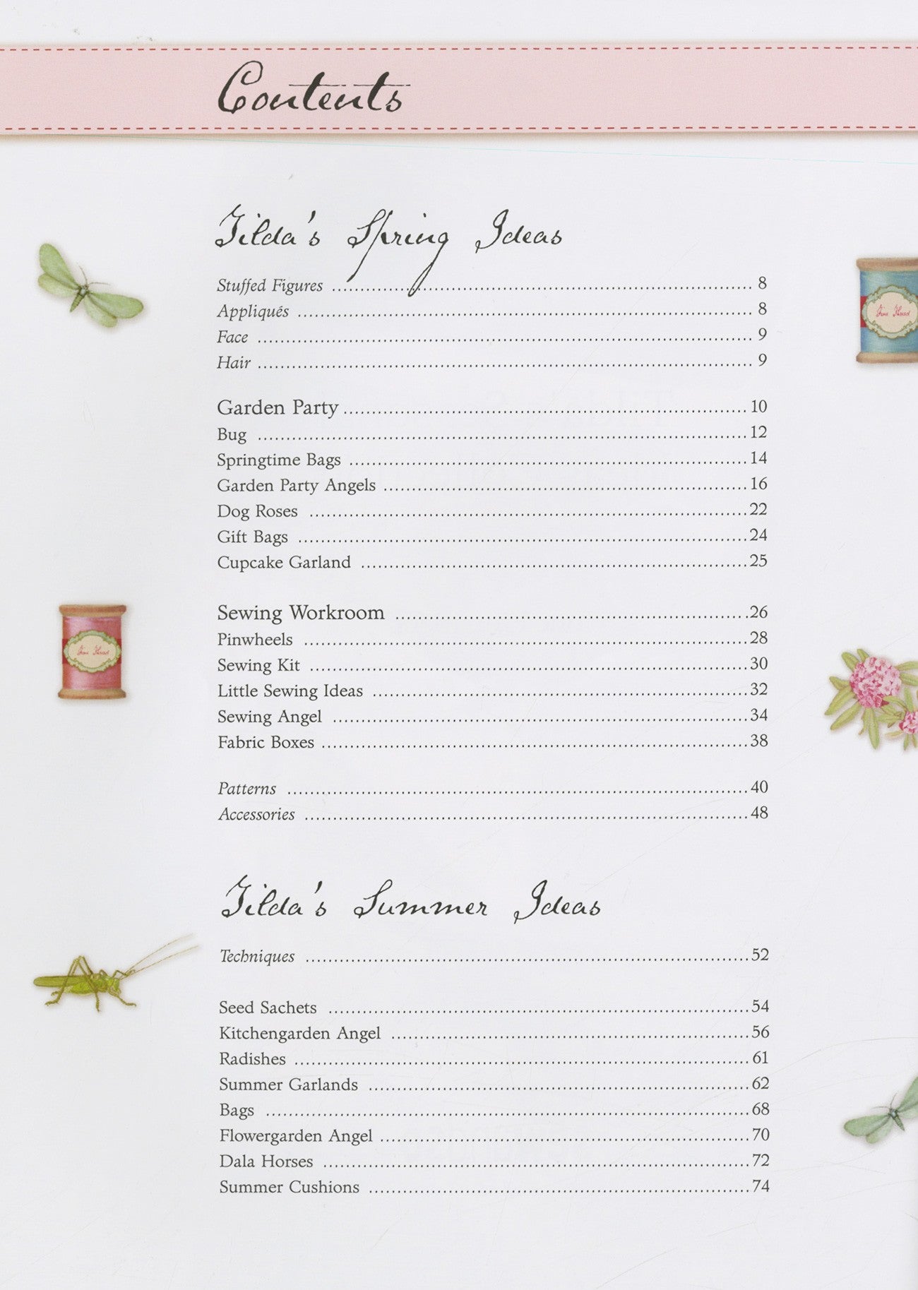 A printed table of contents page from a sewing or craft book, titled 'Contents,' with sections for 'Kilda's Spring Colors' and 'Kilda's Summer Colors.' The page has a white background, black script and serif text, a pale pink header band, and small decorative floral and ribbon illustrations.
Photo by Tildafabrics.com [additional_image_link]