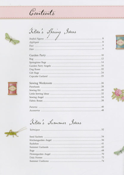 A printed table of contents page from a sewing or craft book, titled 'Contents,' with sections for 'Kilda's Spring Colors' and 'Kilda's Summer Colors.' The page has a white background, black script and serif text, a pale pink header band, and small decorative floral and ribbon illustrations.
Photo by Tildafabrics.com [additional_image_link]