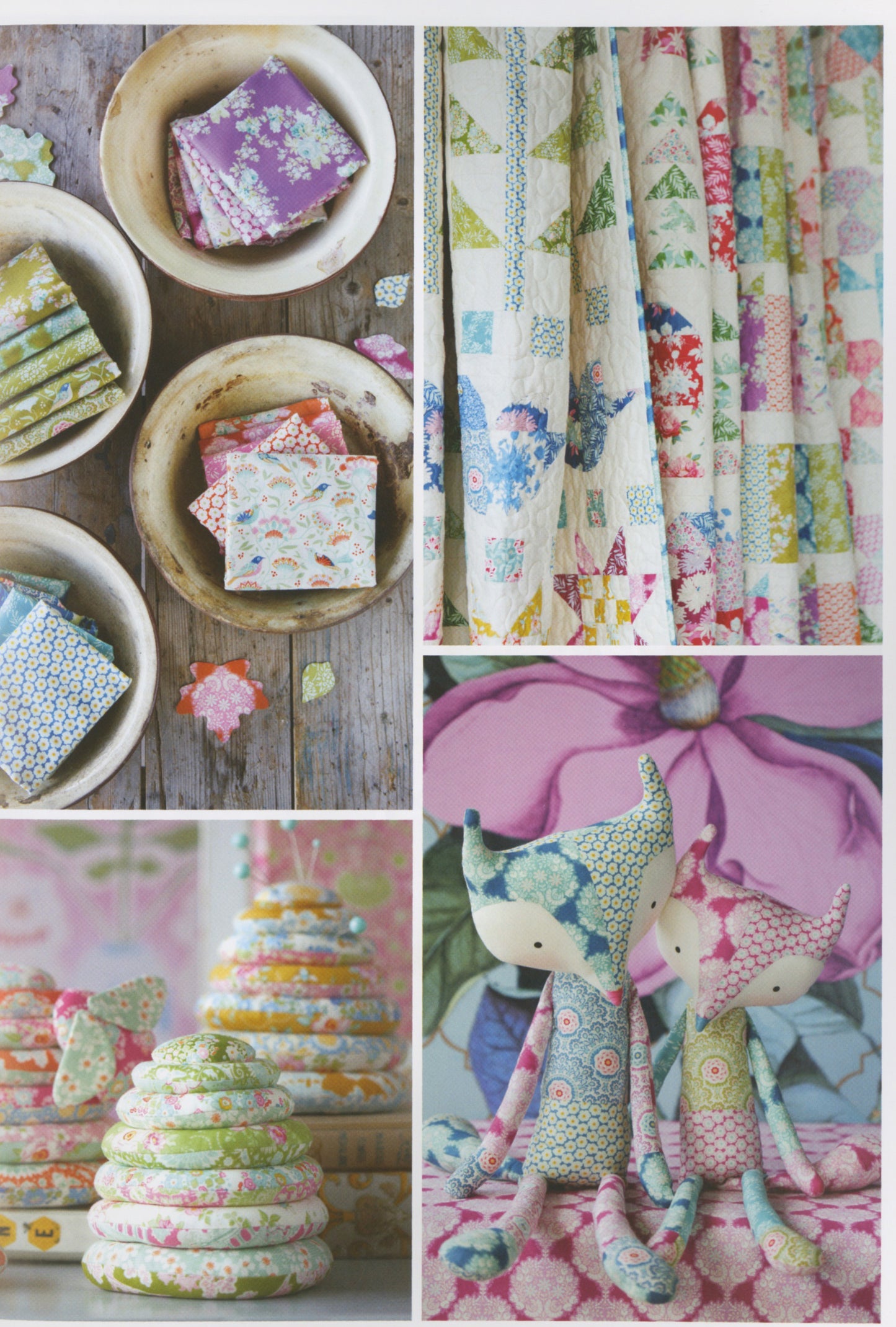A four-panel collage showcasing colorful fabric quilts and textile crafts. The top-left panel shows folded patterned fabric squares arranged in rustic bowls on a wooden surface.
Photo by Tildafabrics.com [additional_image_link]