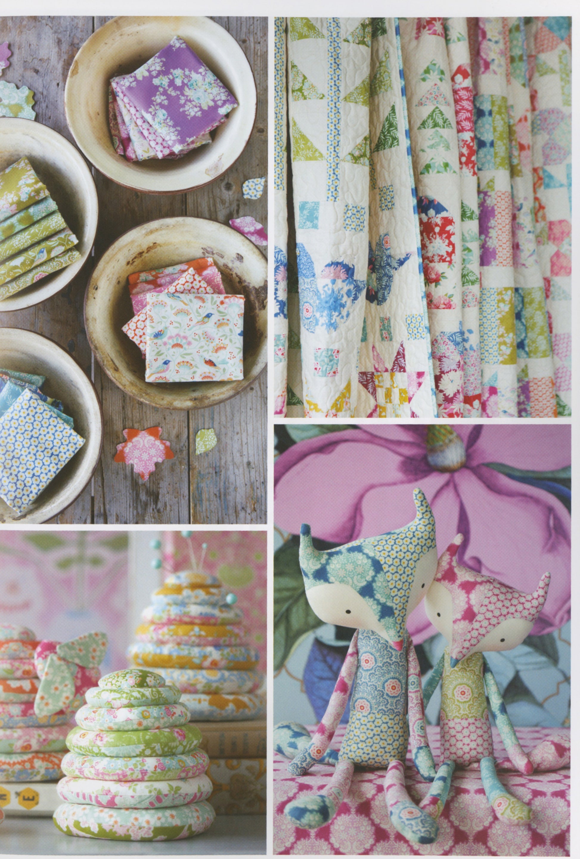 A four-panel collage showcasing colorful fabric quilts and textile crafts. The top-left panel shows folded patterned fabric squares arranged in rustic bowls on a wooden surface.
Photo by Tildafabrics.com [additional_image_link]