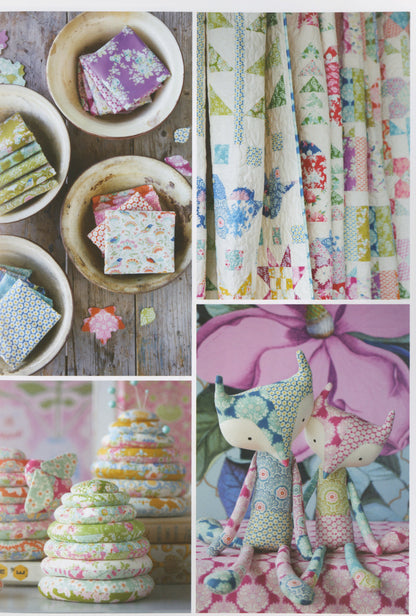 A four-panel collage showcasing colorful fabric quilts and textile crafts. The top-left panel shows folded patterned fabric squares arranged in rustic bowls on a wooden surface.
Photo by Tildafabrics.com [additional_image_link]