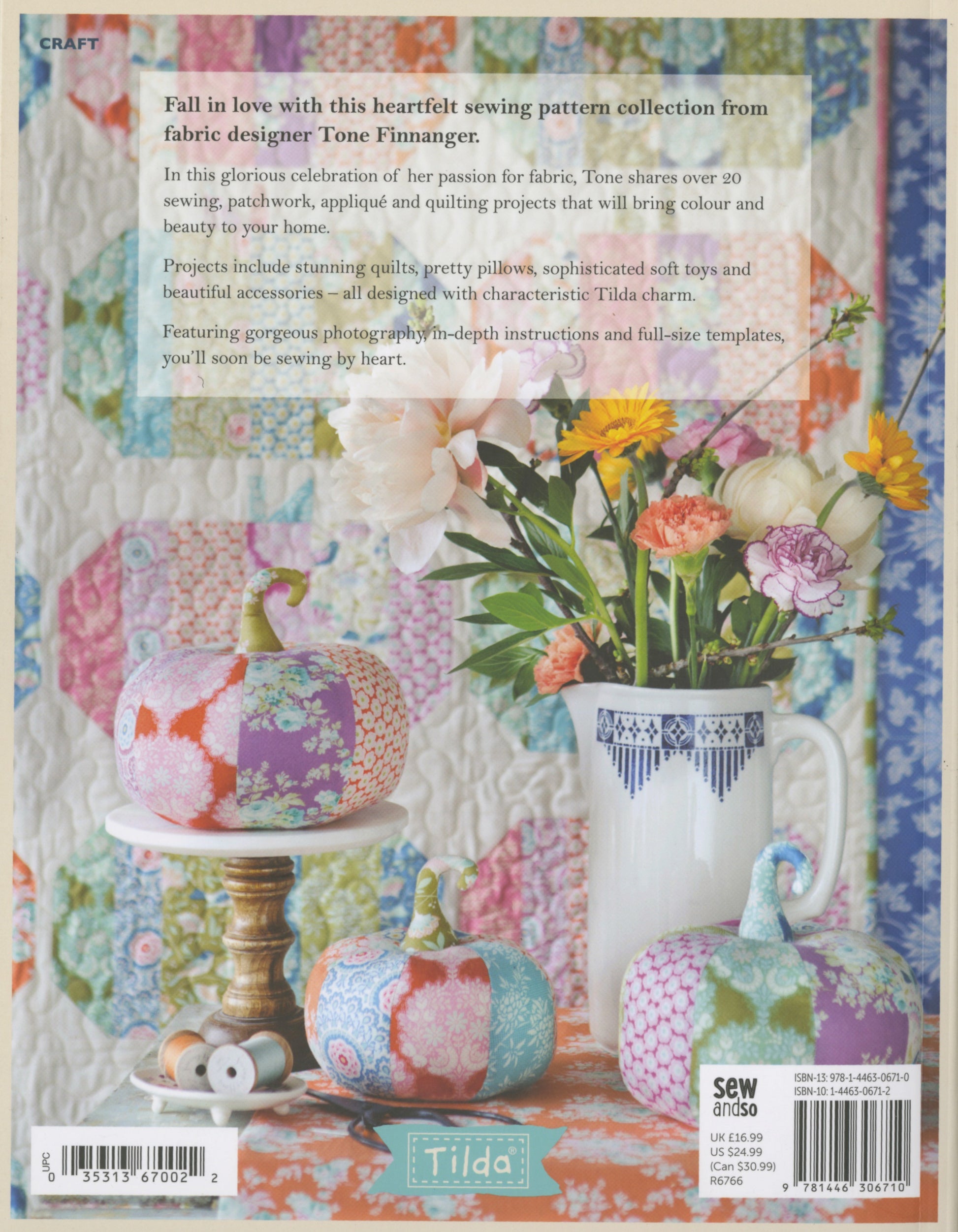 Back cover of a sewing pattern book featuring Tilda fabric with pumpkins and flowers.
Photo by Tildafabrics.com [additional_image_link]