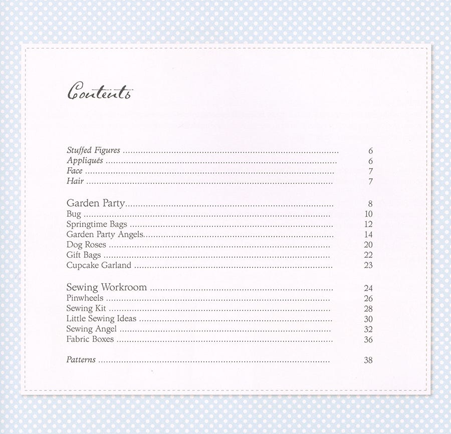 A printed table of contents page with black text listing chapter titles and page numbers on a white sheet, set against a pale blue dotted background.
Photo by Tildafabrics.com [additional_image_link]