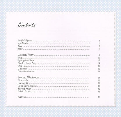 A printed table of contents page with black text listing chapter titles and page numbers on a white sheet, set against a pale blue dotted background.
Photo by Tildafabrics.com [additional_image_link]