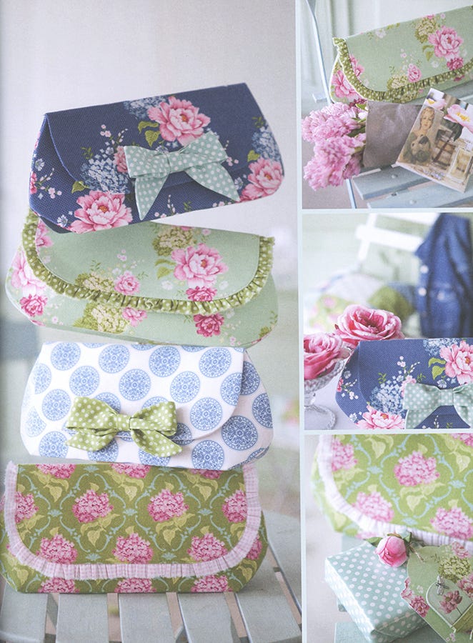 A collage showing several fabric clutch or pouch bags with floral and polka-dot patterns, including pink roses, blue and white dots, and green damask motifs, some with bows and ruffled trim.
Photo by Tildafabrics.com [additional_image_link]