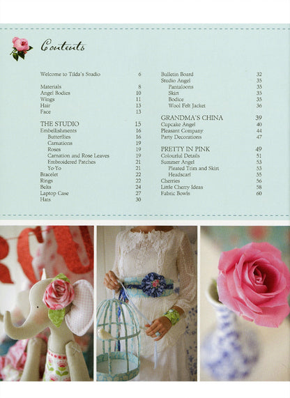 Product catalog with images of handmade items and a table of contents on a light blue background.
Photo by Tildafabrics.com [additional_image_link]