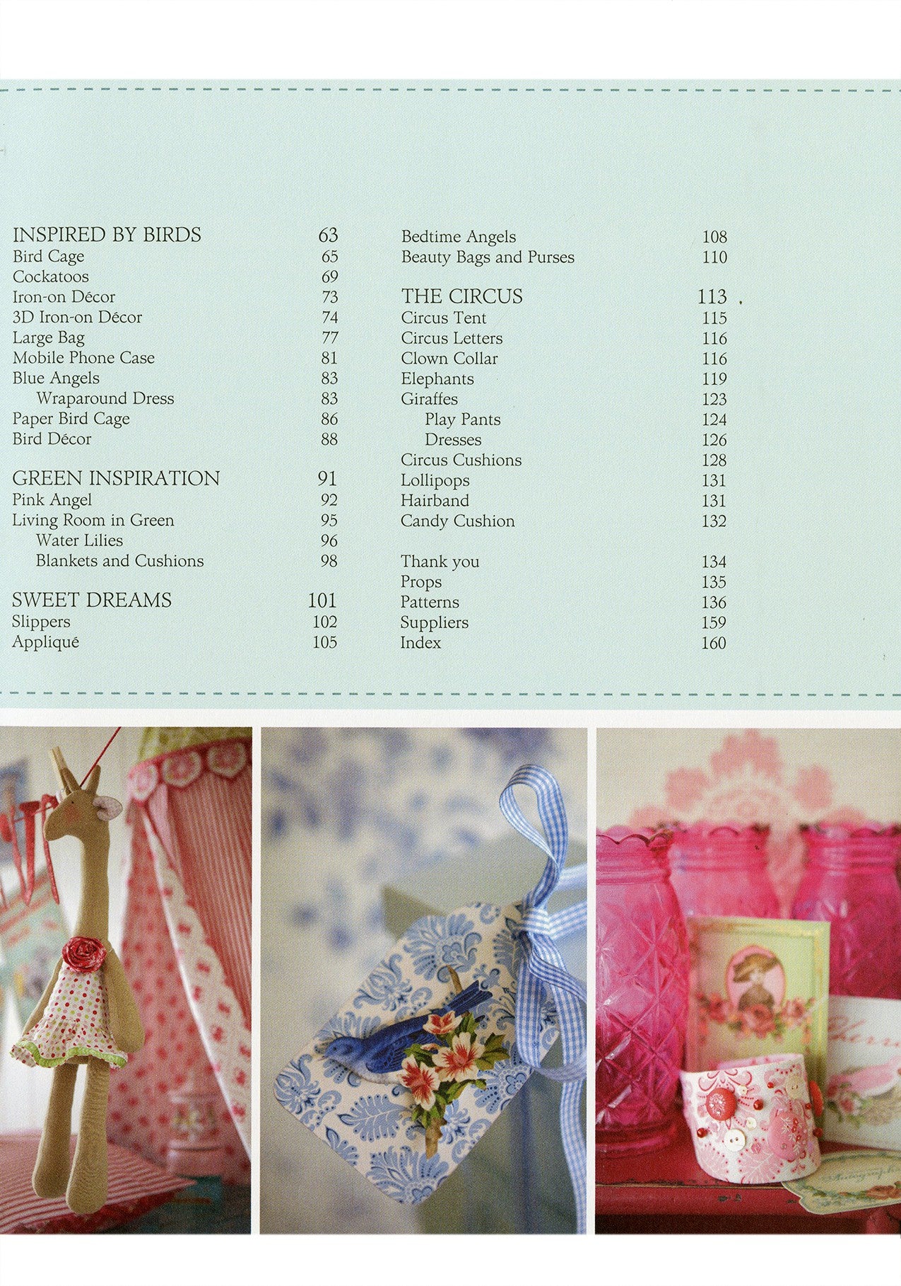 A page from a sewing pattern book or design guide with a light blue-green background and a list of inspiration sources and page numbers, above three small color photographs showing pink and blue sewing-themed items.
Photo by Tildafabrics.com [additional_image_link]