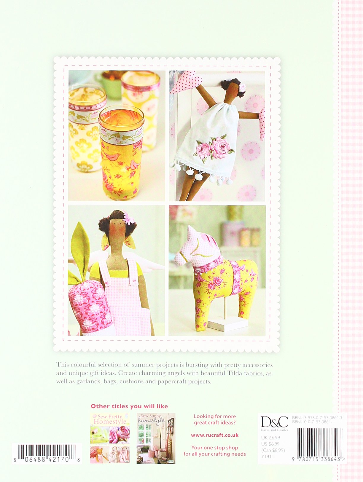 Back cover of a D&C (Dorothy's Craft) craft book featuring a collage of summer-themed paper craft projects, including jars, a doll, a hatbox, and a dollhouse, on a pale green and pink background.
Photo by Tildafabrics.com [additional_image_link]