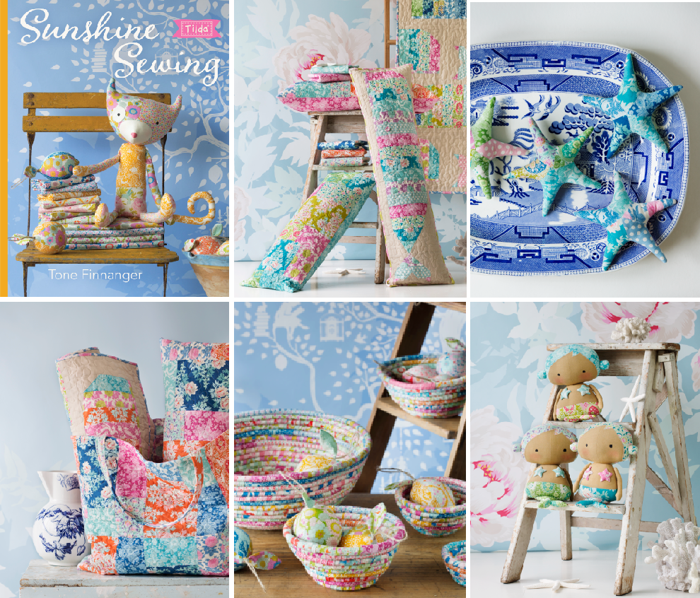 A collage of six photos showcasing handmade quilting and sewing projects, including a doll, starfish, bird-shaped pillows, woven baskets, and small doll figures, all styled with a light blue floral background.
Photo by Tildafabrics.com [additional_image_link]