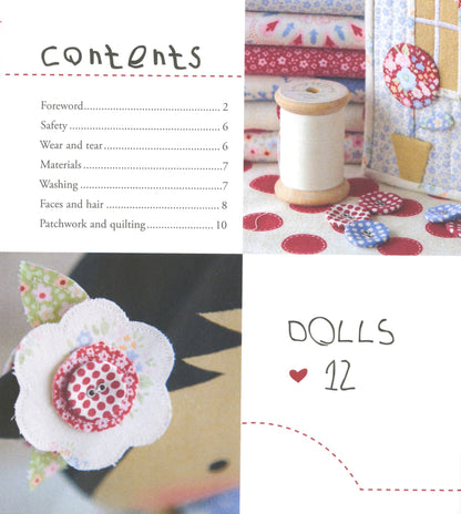 A collage-style page from a quilting or fabric craft book showing a table of contents, a spool of white thread, fabric pieces, and a handmade flower applique with patterned centers. The page includes the heading 'contents' and 'DOLLS' with the number 12.
Photo by Tildafabrics.com [additional_image_link]