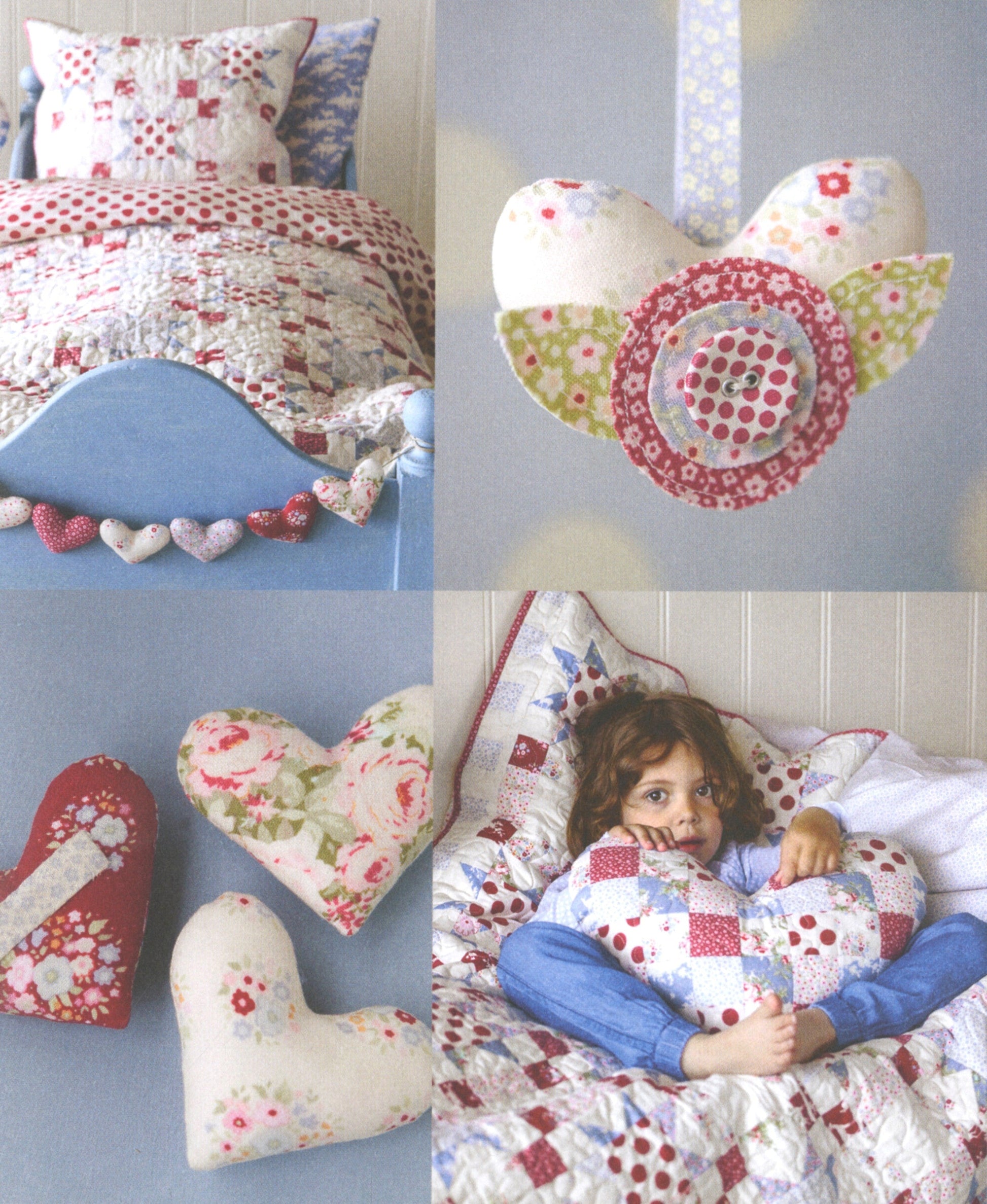 A four-panel collage showing patchwork quilted pillows and bedding. The top-left panel shows a bed with a matching quilt and floral pillows.
Photo by Tildafabrics.com [additional_image_link]