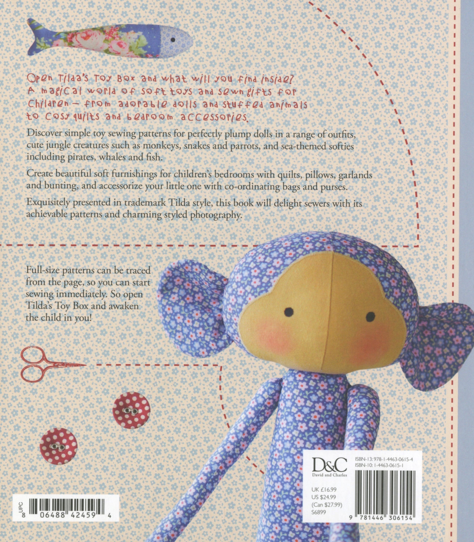 Back cover of a children's sewing pattern book titled 'The Toy Box' by D&C. The cover features a beige background with a subtle honeycomb pattern, red stitched border lines, and a large illustration of a doll with purple patterned hair and a blue dress.
Photo by Tildafabrics.com [additional_image_link]