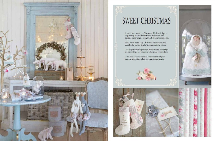 Collage of photos showing Christmas stockings, a Father Christmas in a glass dome, a present decorated with buttens, a small tree with ornaments on a table, 3 polar bears, two Tilda dolls with stars on their sweaters.
Photo by Tildafabrics.com [additional_image_link]
