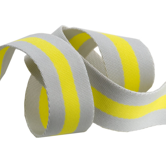 White webbing with yellow stripes on a white background.
Photo by RenaissanceRibbons.com [image_link]