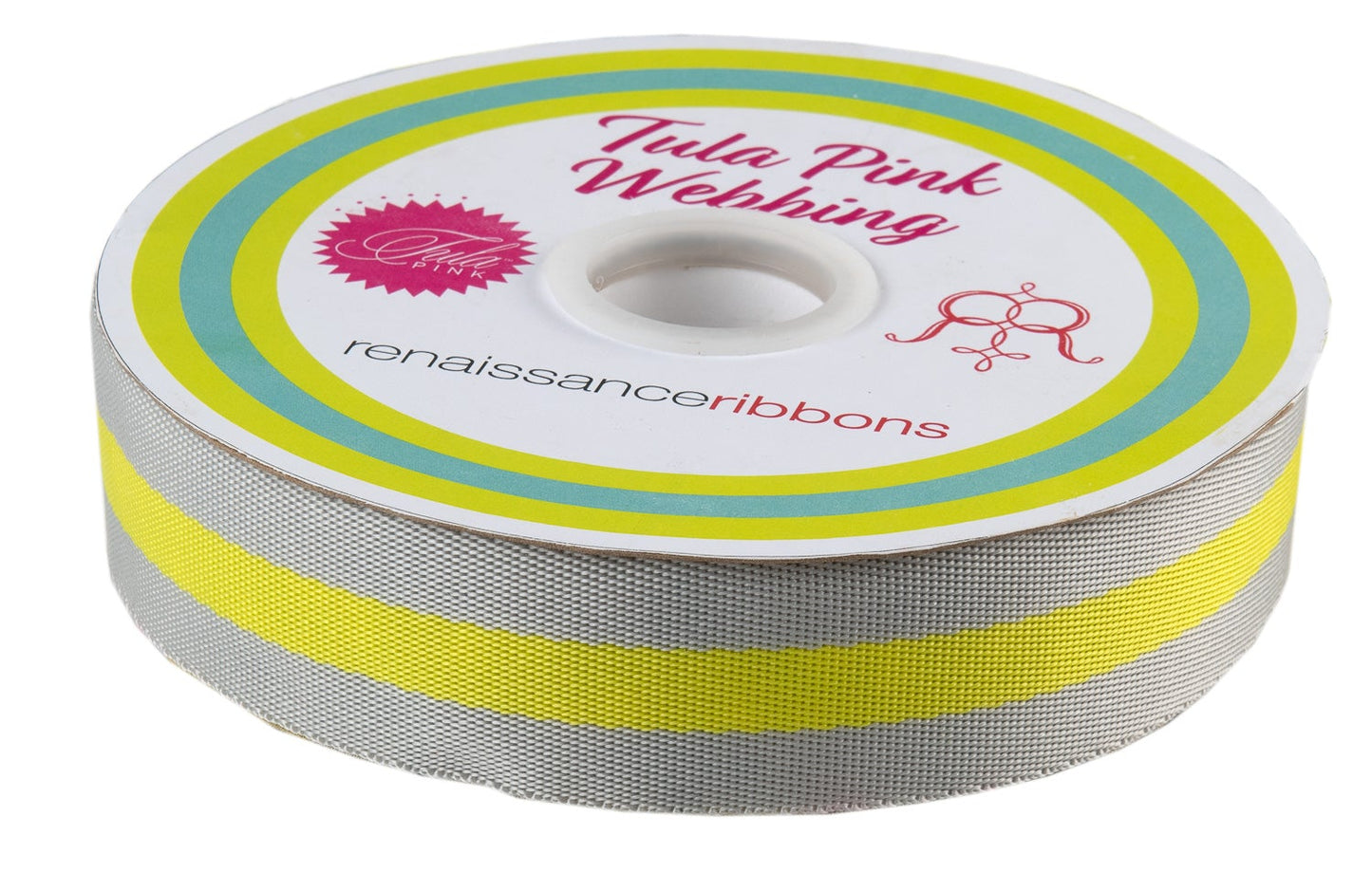 A spool of Renaissance Ribbons Tula Pink Webbing, featuring a white label with pink and teal accents, wound around a spool of gray mesh ribbon with bright yellow stripes.
Photo by RenaissanceRibbons.com [additional_image_link]