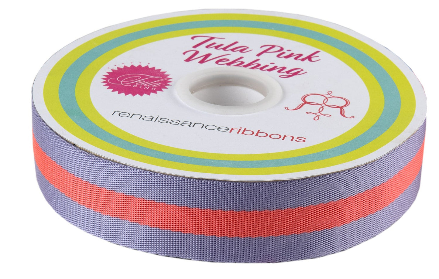 A spool of Tula Pink striped Nylon Webbing in lavender and neon peach colors, used for sewing and crafting.
Photo by RenaissanceRibbons.com [additional_image_link]