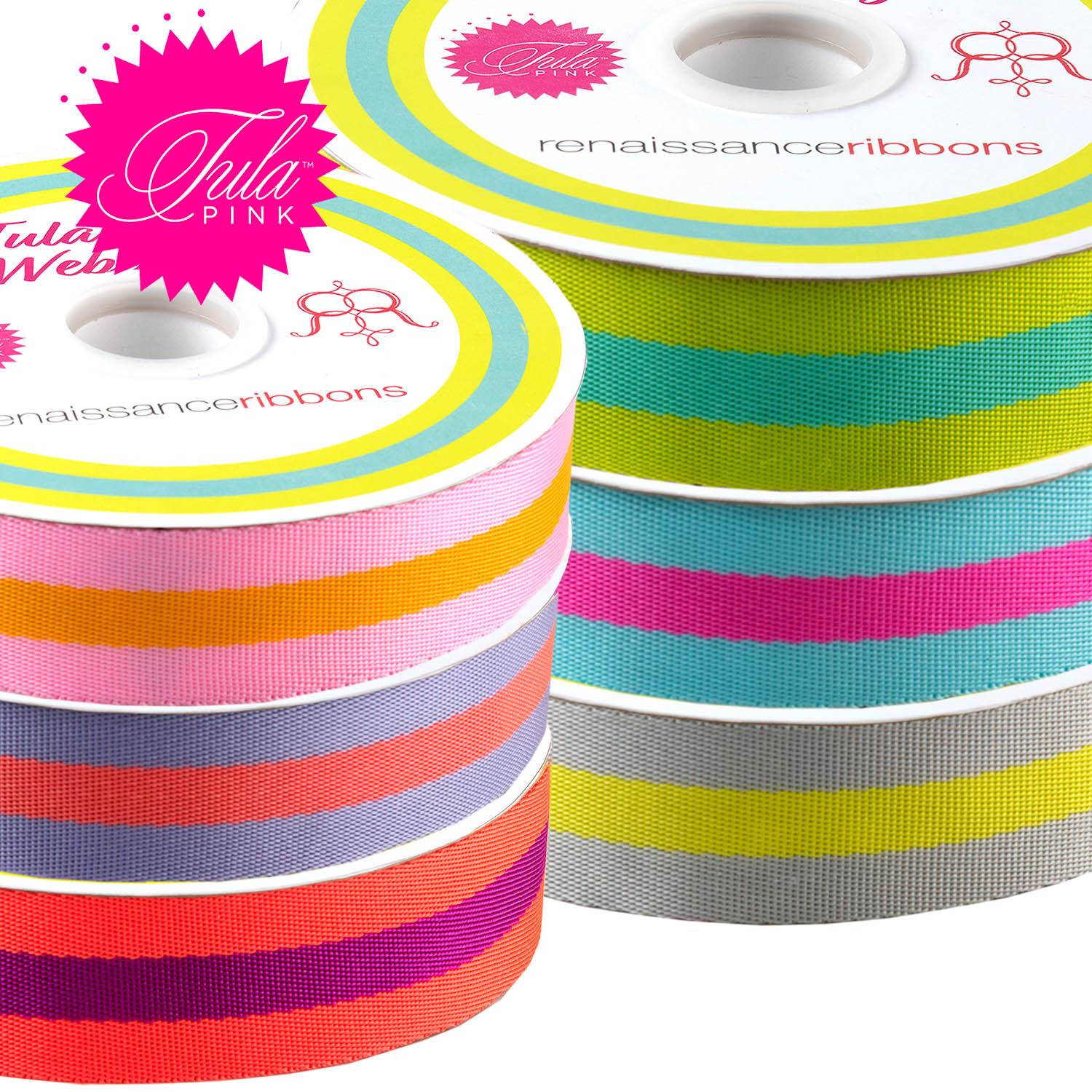 A spool of Tula Pink striped Nylon Webbing in lavender and neon peach colors, used for sewing and crafting.
Photo by RenaissanceRibbons.com [additional_image_link]