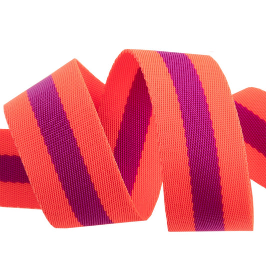 Tula Pink striped Nylon Webbing in orange and purple, sold by the yard.
Photo by RenaissanceRibbons.com [image_link]