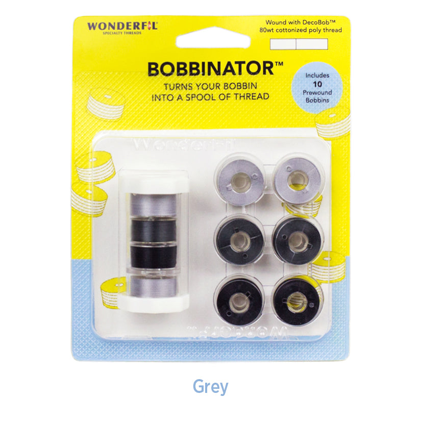 Packaging of WONDERFIL BOBBINATOR Thread Class 15 Bobbins in grey, showing the product with 10 prewound bobbins and the brand's name.
Photo by Wonderfil [image_link]