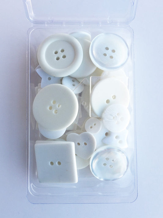 A clear plastic package containing white buttons of various sizes, arranged neatly.
Photo by JustAnotherButtonCompany.com [image_link]