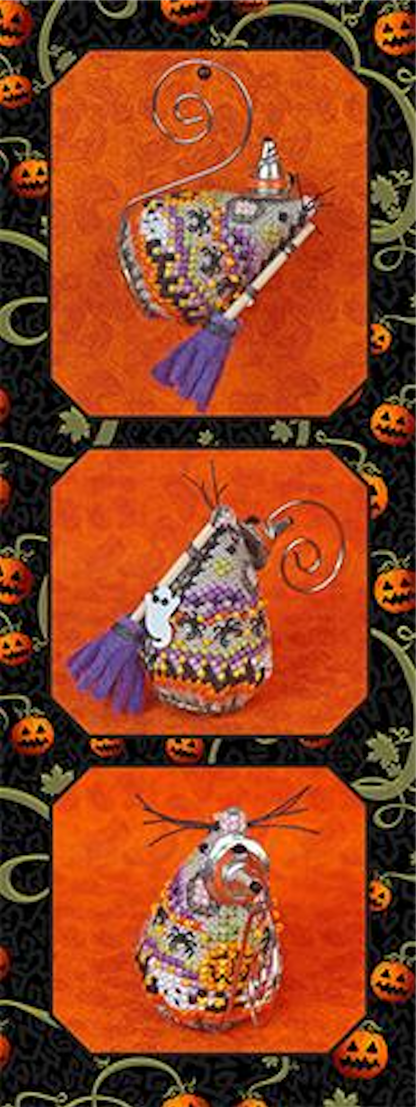 Three Halloween-themed embroidered mouse ornaments displayed vertically on an orange and black patterned background with pumpkin motifs.
Photo by JustNan.com [image_link]