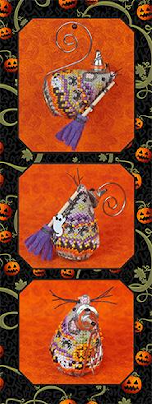 Three Halloween-themed embroidered mouse ornaments displayed vertically on an orange and black patterned background with pumpkin motifs.
Photo by JustNan.com [image_link]