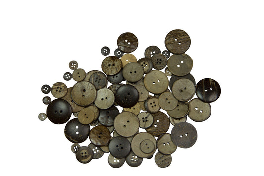 A collection of brown coconut wood buttons of assorted sizes.
[image_link]
