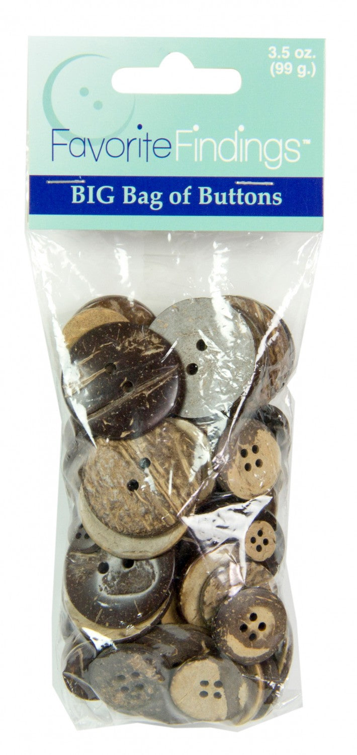 A packaged collection of brown coconut wood buttons of assorted sizes.
[additional_image_link]