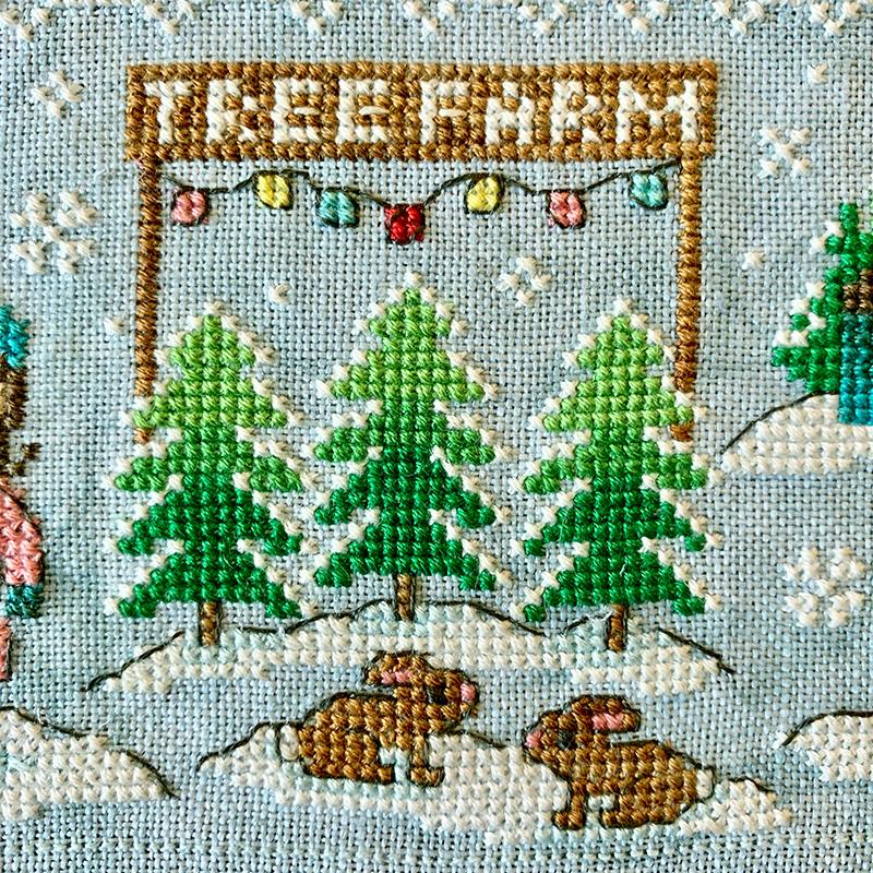 Tree Farm Christmas Village Part 1 3.5"x3.5" 2019 Holiday SAL Cross Stitch Drum Kit from Tiny Modernist: Pattern, Linen, DMC Floss, Floss