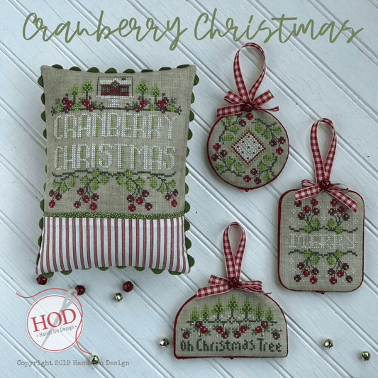 CRANBERRY CHRISTMAS Cross Stitch Embroidery Pincushion and 3 Ornaments Kit from Hands On Design: Pattern, Linen, Floss, Trims