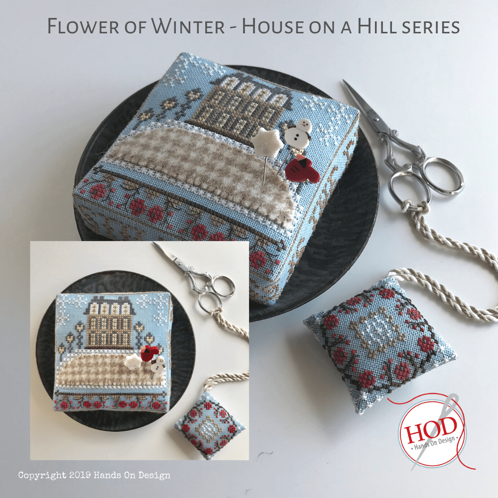 FLOWER Of WINTER Cross Stitch Pincushion & Fob Kit from Hands On Design House on a Hill Series: Pattern, Linen, Floss and JABC Pins