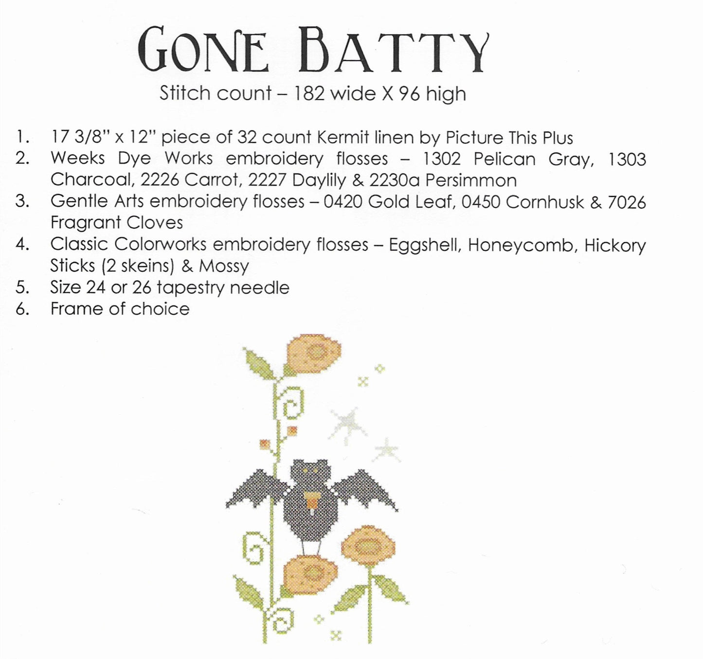 Gone Batty! Halloween Cross Stitch Embroidery Kit from Brenda Gervais for With Thy Needle & Thread: Pattern, Linen, Floss