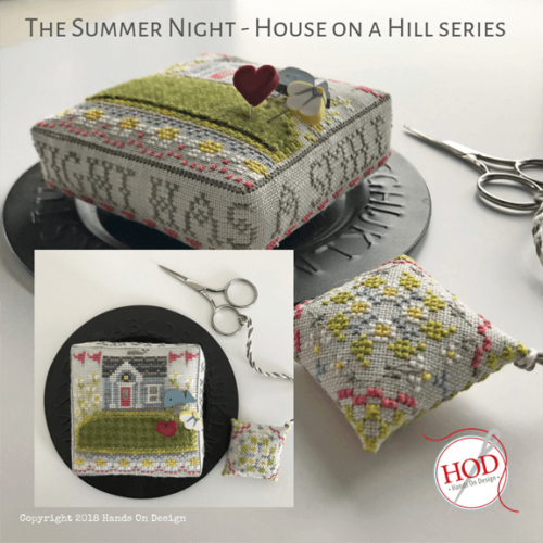 The Summer Night Cross Stitch Embroidery Pincushion & Fob Kit HOD House on a Hill Series: Pattern, Linen, Floss, JABC Pins, Embroidery Scissors