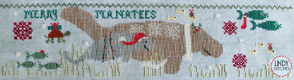 Merry Manatees Christmas Cross Stitch Drum Kit 4.5" x 4" from Lindy Stitches: Pattern, Linen, Floss and Embellishments