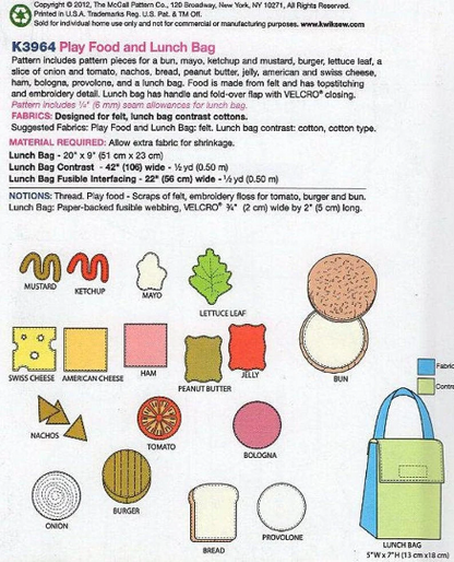 KWIK SEW Play Food and Lunch Bag Sewing Pattern from Kwik Sew Crafts K3964: Out Of Print, Developmental Play Toys, Autism Toys