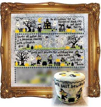 The Witching Hour Sleepy Hollow Part 3 3.5"x3.5" Halloween Cross Stitch Drum Kit from Tiny Modernist: Pattern, Lugana, JABC Pins, Floss