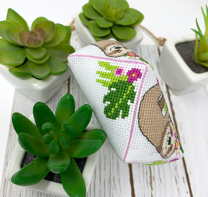 Sloth Biscornu Cross Stitch Embroidery Kit from Tiny Modernist: 5" x 5" Pattern, Aida & Floss