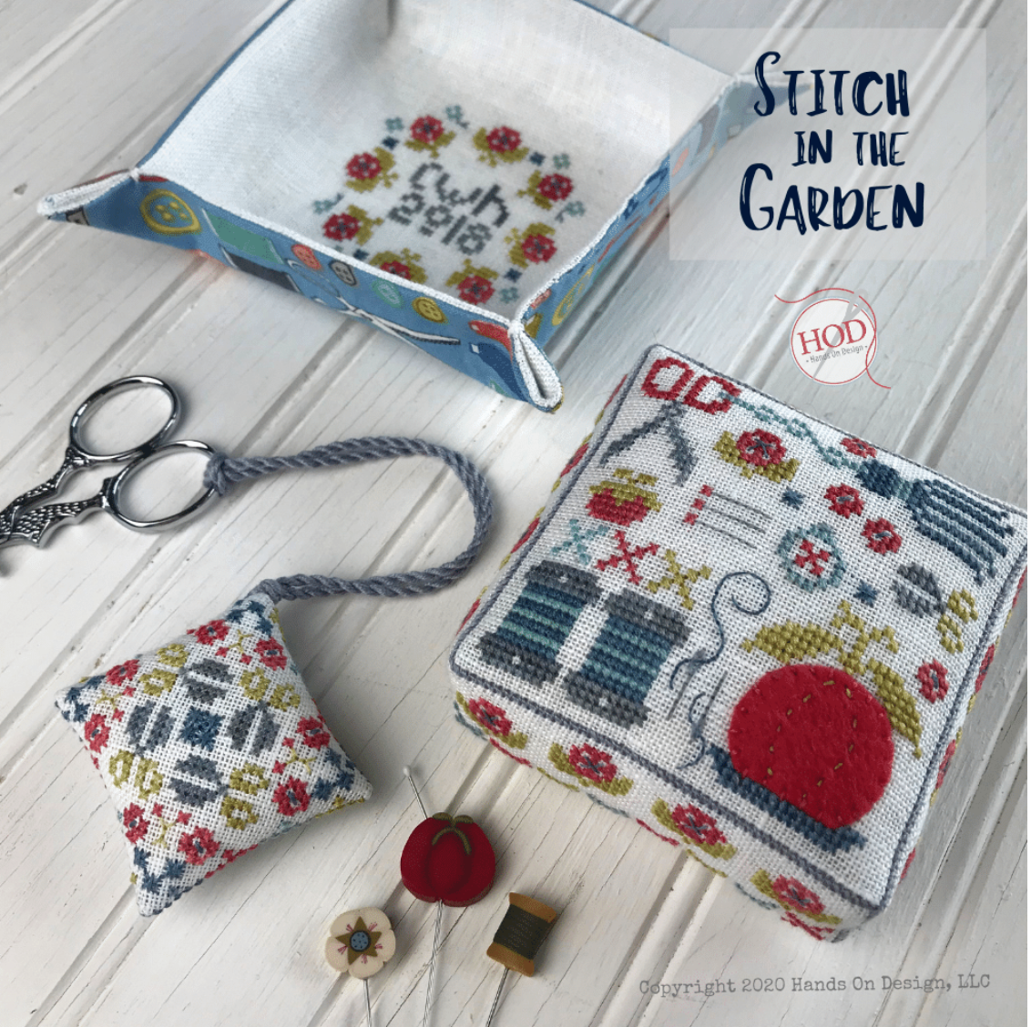 STITCH in the GARDEN Cross Stitch Pincushion, Fob & Tray Kit from Hands On Design: Pattern, Linen, Floss and JABC Pins & Embroidery Scissors