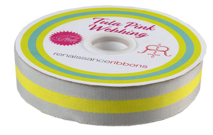 Tula Pink 1.5" x 2 Yards Nylon Webbing Grey and Yellow Stripes from Renaissance Ribbons for Sewing, Crafting, Bag Making