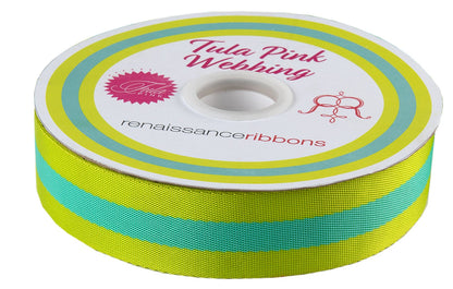 Tula Pink 1.5" x 2 Yards Nylon Webbing Lime and Turquoise Stripes from Renaissance Ribbons for Sewing, Crafting, Bag Making