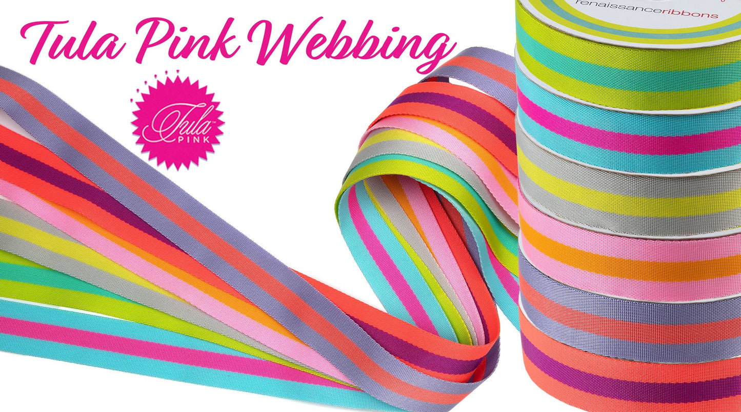 Tula Pink 1.5" x 2 Yards Nylon Webbing Pink and Orange Stripes from Renaissance Ribbons for Sewing, Crafting, Bag Making